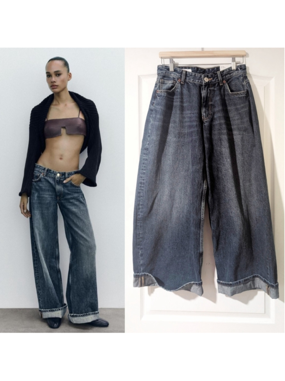 Zara Wide-Leg Flare Jeans in Washed Dark Blue
